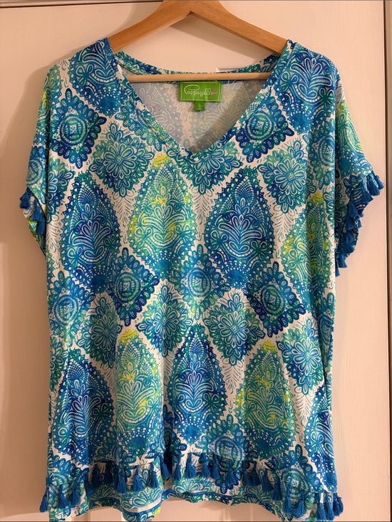 Pappagallo Tops - Pappagallo Blue and Green Tassel Trim Tunic Short Sleeve Shirt